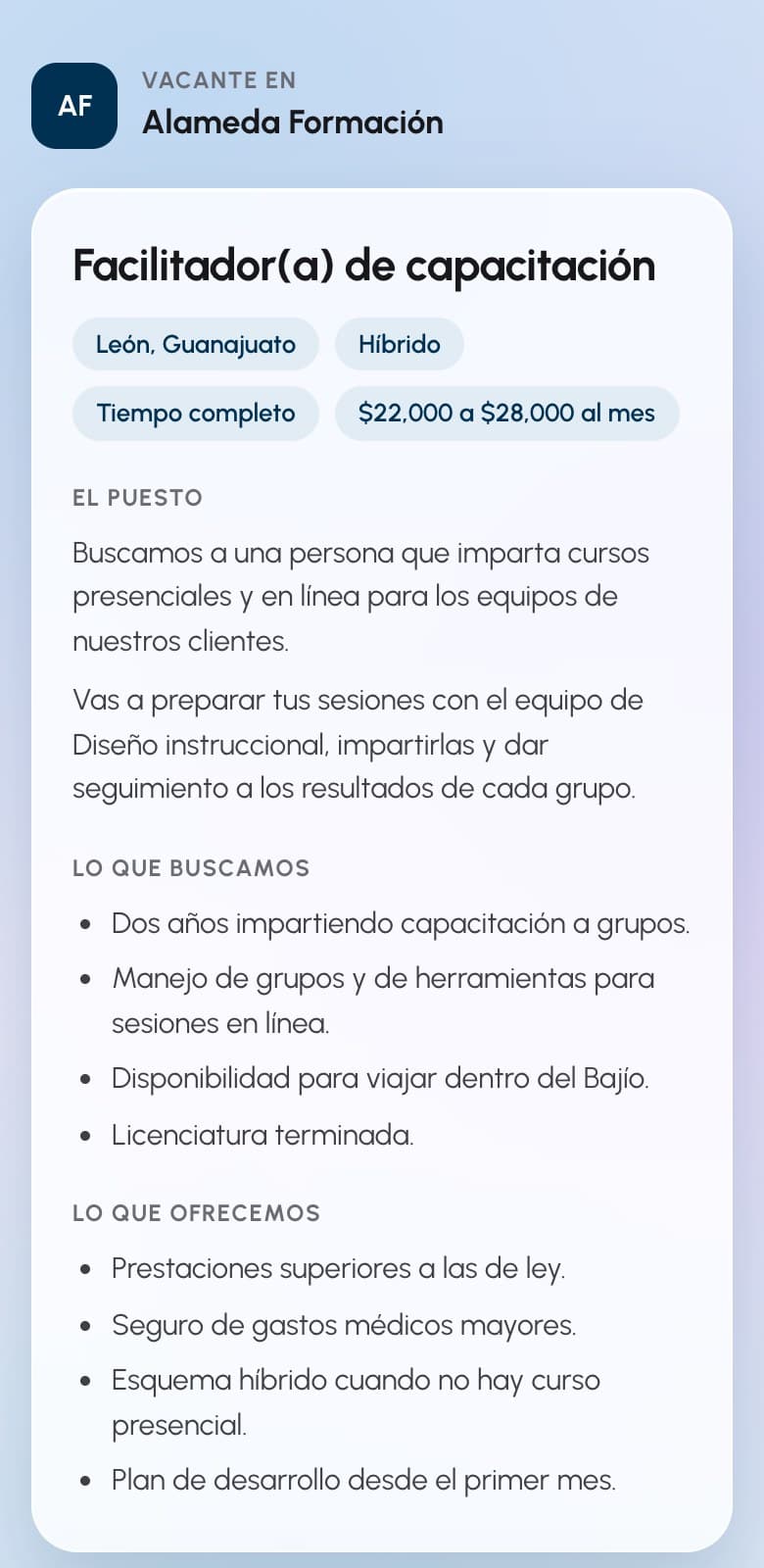 Página pública de una vacante en el celular